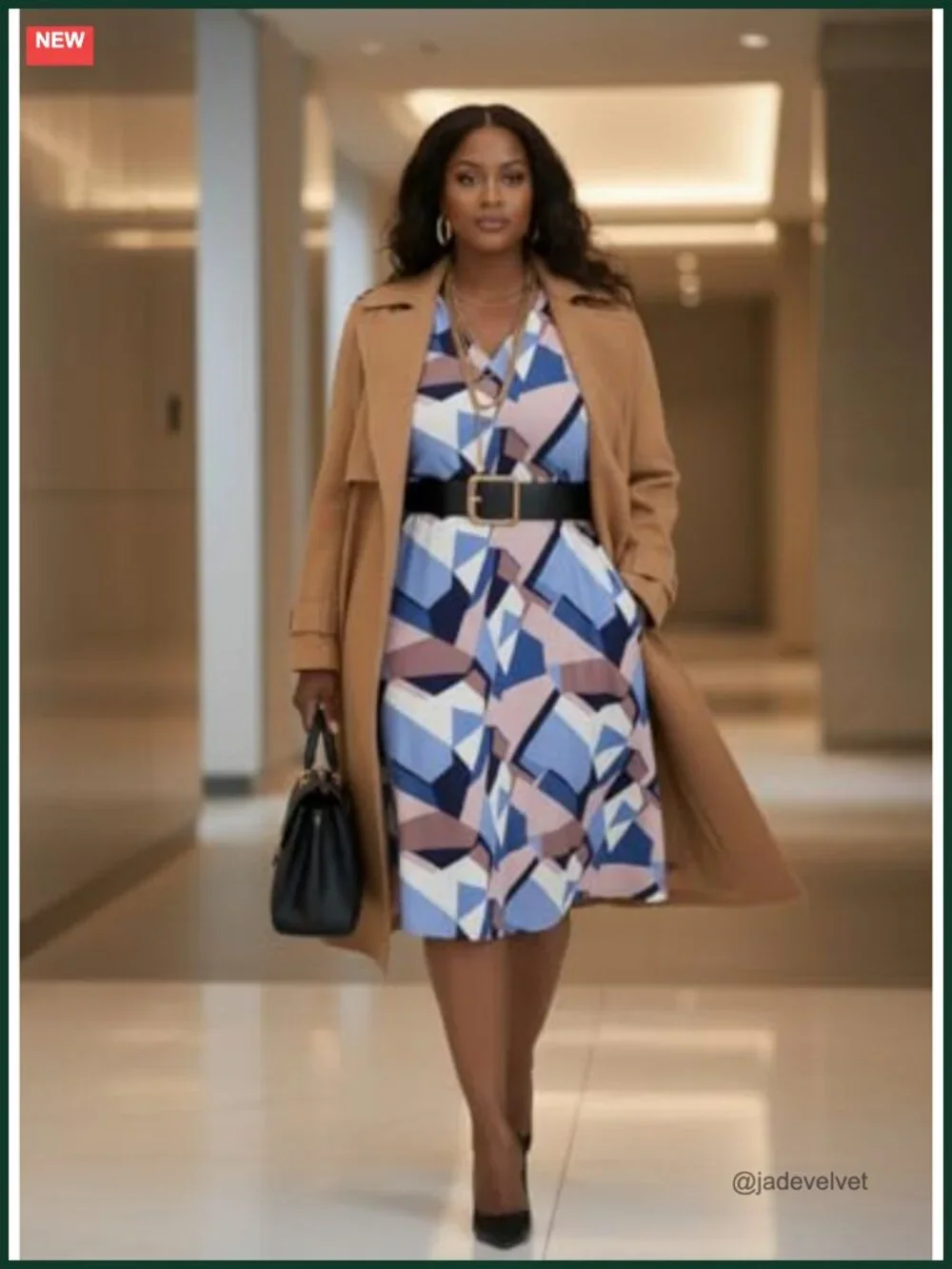 Plus Size Midi A-Line Dress with Pockets and Belt African Print 3/4 Flutter